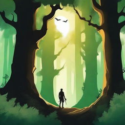 Create a captivating book cover featuring a mystical forest with towering ancient trees, a hidden path leading to a glowing portal, and a silhouette of an adventurer standing in awe