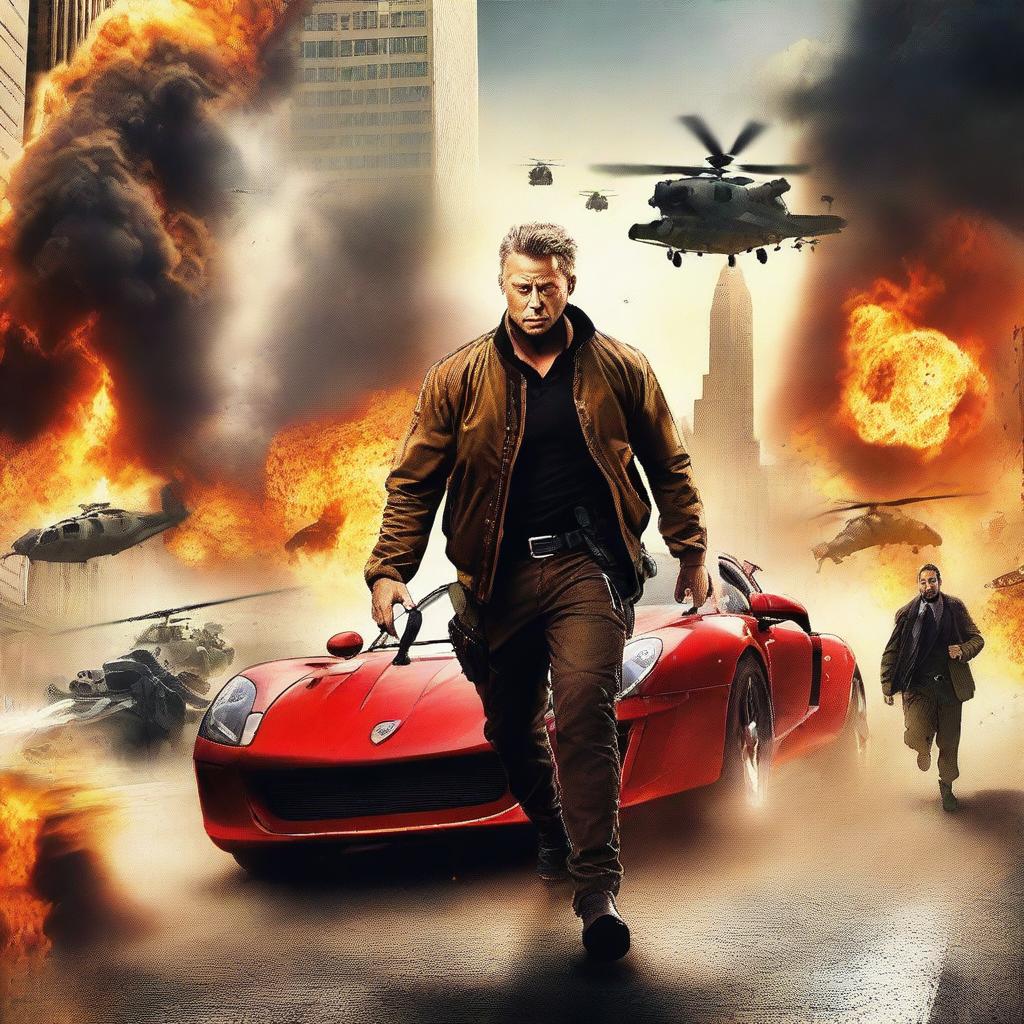 Create an action-adventure movie poster featuring dynamic and thrilling scenes