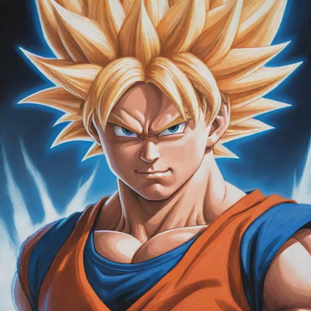 A detailed and striking illustration of Goku from Dragon Ball Z, in his iconic orange and blue attire, showcasing his Super Saiyan form with radiant blonde hair and a determined expression.