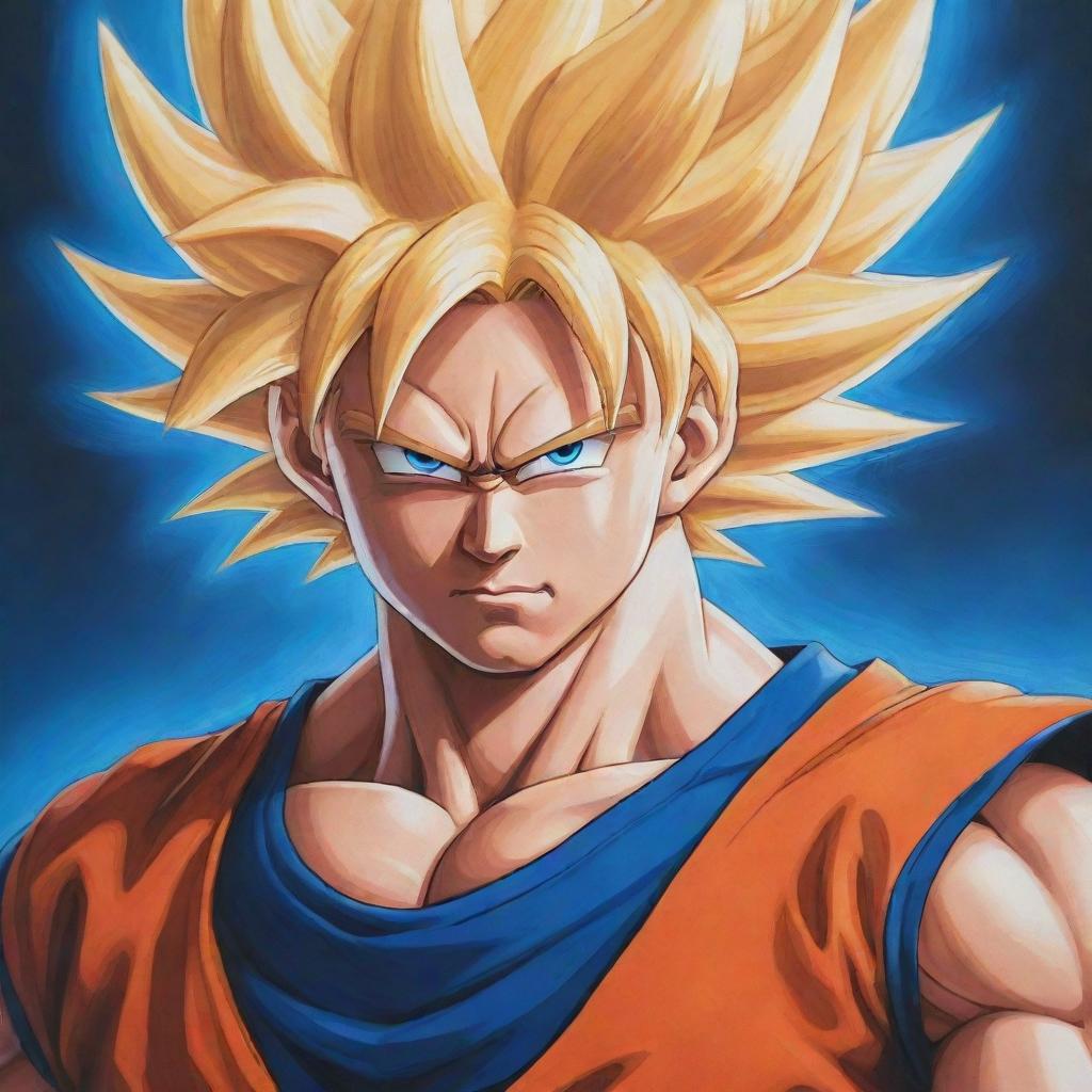 A detailed and striking illustration of Goku from Dragon Ball Z, in his iconic orange and blue attire, showcasing his Super Saiyan form with radiant blonde hair and a determined expression.