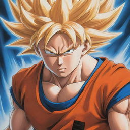 A detailed and striking illustration of Goku from Dragon Ball Z, in his iconic orange and blue attire, showcasing his Super Saiyan form with radiant blonde hair and a determined expression.