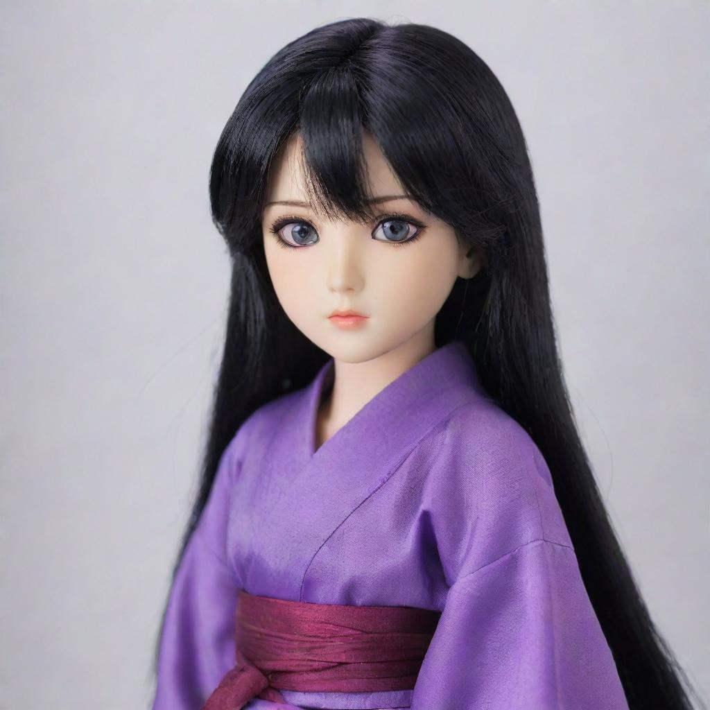 A doll-like girl resembling 'Akatsuki no Yona' character, with glossy black hair, striking purple eyes, exuding an aura of elegance and mystery.