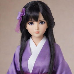 A doll-like girl resembling 'Akatsuki no Yona' character, with glossy black hair, striking purple eyes, exuding an aura of elegance and mystery.