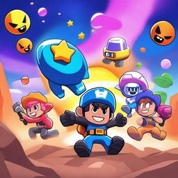 Create a cosmic-themed image featuring characters from Brawl Stars engaged in various missions