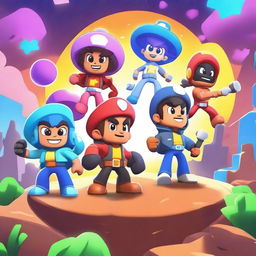 Create a cosmic-themed image featuring characters from Brawl Stars engaged in various missions