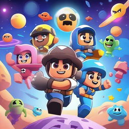 Create a cosmic-themed image featuring characters from Brawl Stars engaged in various missions