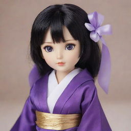 A doll-like girl resembling 'Akatsuki no Yona' character, with glossy black hair, striking purple eyes, exuding an aura of elegance and mystery.