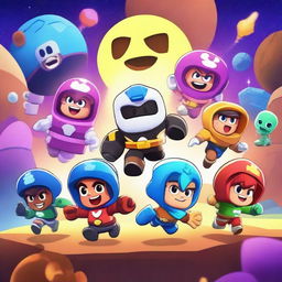 Create a cosmic-themed image featuring characters from Brawl Stars engaged in various missions