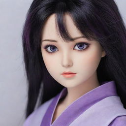 A doll-like girl resembling 'Akatsuki no Yona' character, with glossy black hair, striking purple eyes, exuding an aura of elegance and mystery.