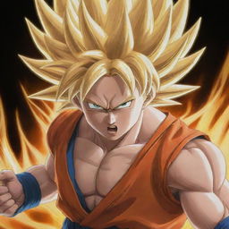 A vivid, high-quality anime-style depiction of Goku from Dragon Ball Z in his Super Saiyan form, with his golden hair, piercing eyes, and in his iconic fighting stance.