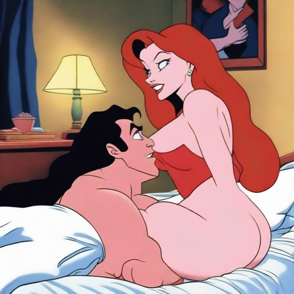 A strong and sensual Jessica Rabbit wrestling a man on the bed