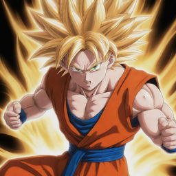 A vivid, high-quality anime-style depiction of Goku from Dragon Ball Z in his Super Saiyan form, with his golden hair, piercing eyes, and in his iconic fighting stance.