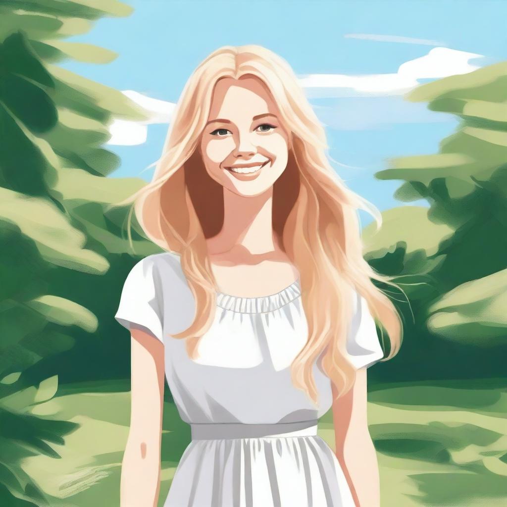 A detailed illustration of a blonde girl with long hair, smiling and standing in a serene outdoor setting