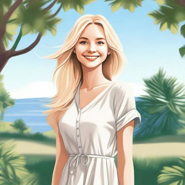 A detailed illustration of a blonde girl with long hair, smiling and standing in a serene outdoor setting