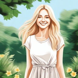 A detailed illustration of a blonde girl with long hair, smiling and standing in a serene outdoor setting