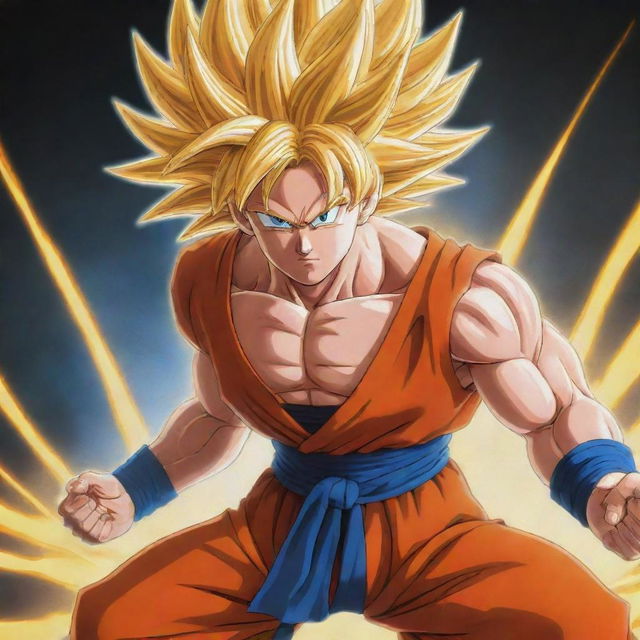 A vivid, high-quality anime-style depiction of Goku from Dragon Ball Z in his Super Saiyan form, with his golden hair, piercing eyes, and in his iconic fighting stance.