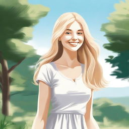 A detailed illustration of a blonde girl with long hair, smiling and standing in a serene outdoor setting