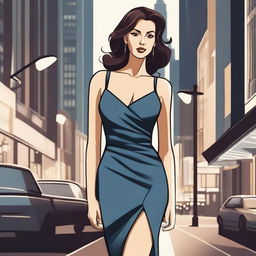 A detailed illustration of a woman wearing a tight dress, standing confidently