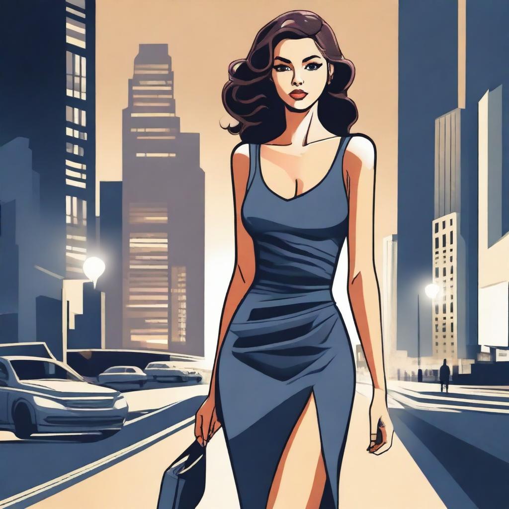 A detailed illustration of a woman wearing a tight dress, standing confidently