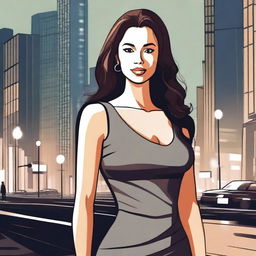 A detailed illustration of a woman wearing a tight dress, standing confidently