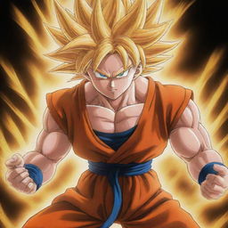 A vivid, high-quality anime-style depiction of Goku from Dragon Ball Z in his Super Saiyan form, with his golden hair, piercing eyes, and in his iconic fighting stance.