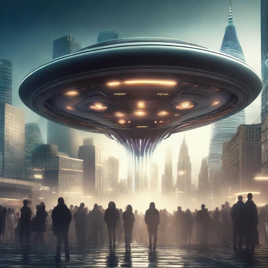 A cinematic scene of an alien spaceship landing on Earth, with dramatic lighting and atmospheric effects