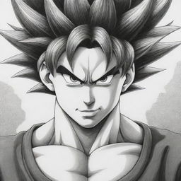 A detailed, black-and-white manga-style portrayal of Goku from Dragon Ball Z, capturing his determined expression and his iconic outfit with intricate line work and shading.