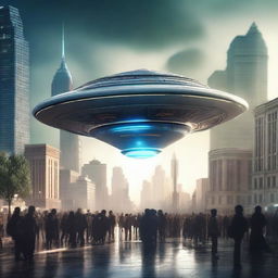 A cinematic scene of an alien spaceship landing on Earth, with dramatic lighting and atmospheric effects