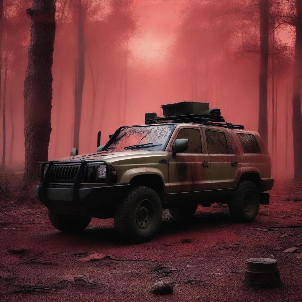 A military man stands next to a military SUV in a forest with a red sky