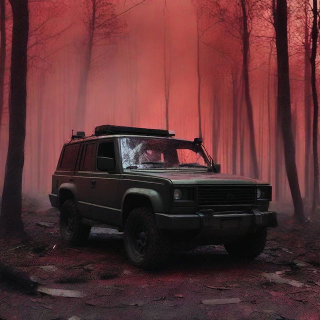 A military man stands next to a military SUV in a forest with a red sky