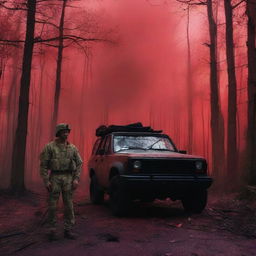 A military man stands next to a military SUV in a forest with a red sky