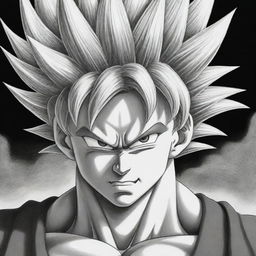 A detailed, black-and-white manga-style portrayal of Goku from Dragon Ball Z, capturing his determined expression and his iconic outfit with intricate line work and shading.