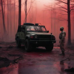 A military man stands next to a military SUV in a forest with a red sky