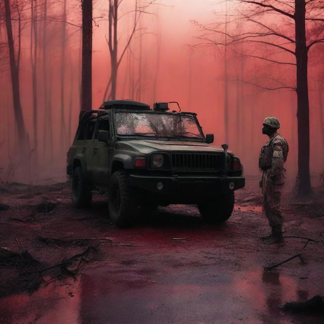 A military man stands next to a military SUV in a forest with a red sky