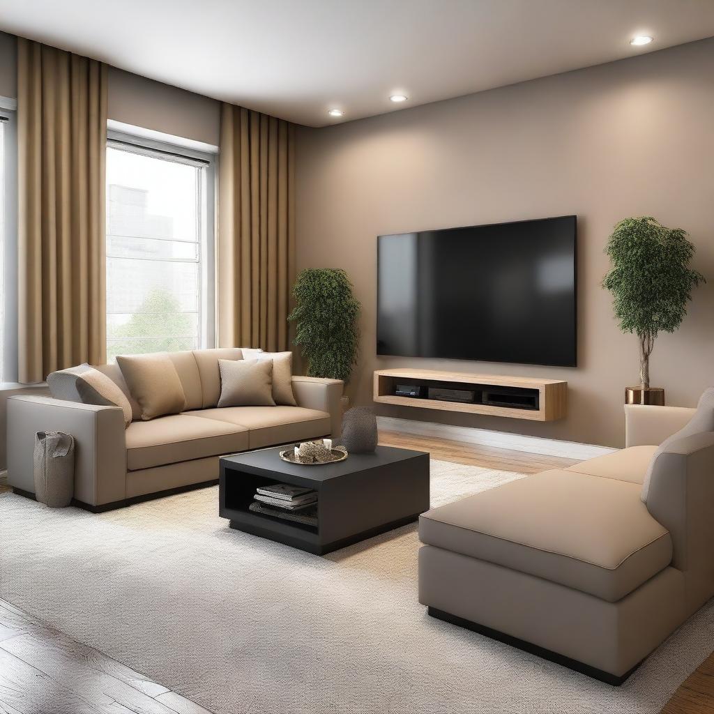 A beautifully designed living room with modern furniture, elegant decor, and warm ambient lighting