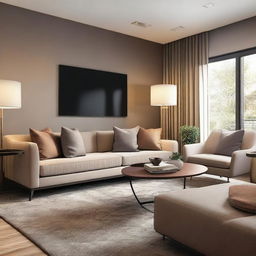 A beautifully designed living room with modern furniture, elegant decor, and warm ambient lighting