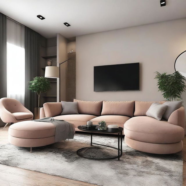 A beautifully designed living room with modern furniture, elegant decor, and warm ambient lighting