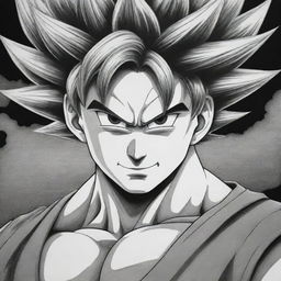 A detailed, black-and-white manga-style portrayal of Goku from Dragon Ball Z, capturing his determined expression and his iconic outfit with intricate line work and shading.