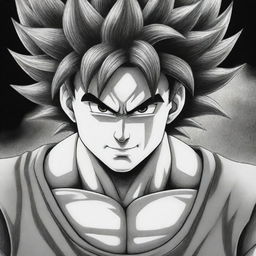 A detailed, black-and-white manga-style portrayal of Goku from Dragon Ball Z, capturing his determined expression and his iconic outfit with intricate line work and shading.