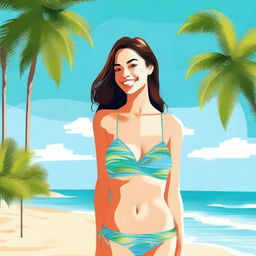 Create an image of a girl in a bikini, standing on a sunny beach with clear blue water in the background