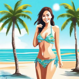 Create an image of a girl in a bikini, standing on a sunny beach with clear blue water in the background