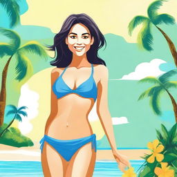 Create an image of a girl in a bikini, standing on a sunny beach with clear blue water in the background