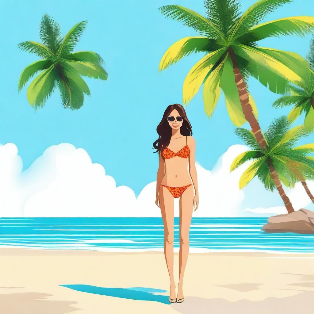 Create an image of a girl in a bikini, standing on a sunny beach with clear blue water in the background