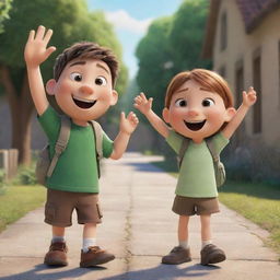 A heartwarming scene of cartoon characters Finn and Fiona joyfully waving goodbye with bright, friendly smiles.