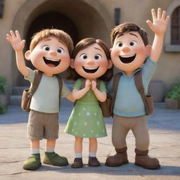 A heartwarming scene of cartoon characters Finn and Fiona joyfully waving goodbye with bright, friendly smiles.