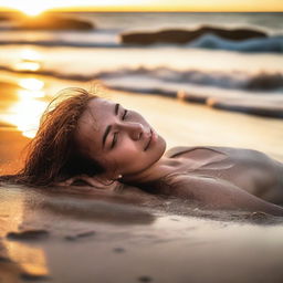 A girl lying on the beach, wet from the sea