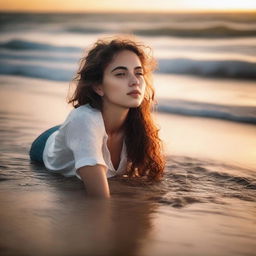 A girl lying on the beach, wet from the sea