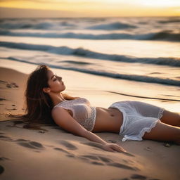 A girl lying on the beach, wet from the sea