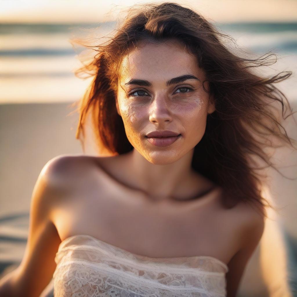 A girl lying on the beach, wet from the sea, with a sultry expression