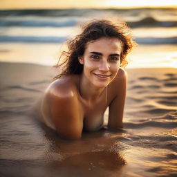 A girl lying on the beach, wet from the sea, with a sultry expression